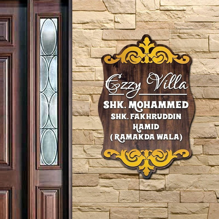 Royal Vintage home name plate design with golden MDF accent panels