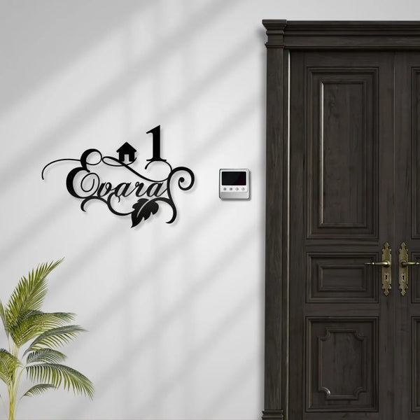 Rose Gold Leaf Cutout mild steel name plate with laser-cut leaf border
