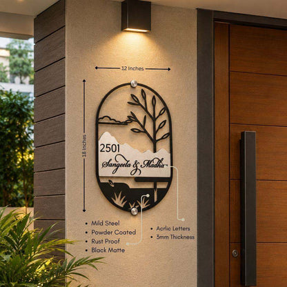 NatureScape black metal custom house nameplate, 18x12 inch powder-coated mild steel with acrylic letters