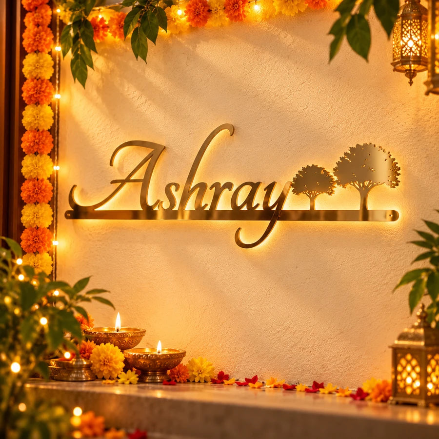 Gold Ashray script name plate with tree motif, backlit for Diwali