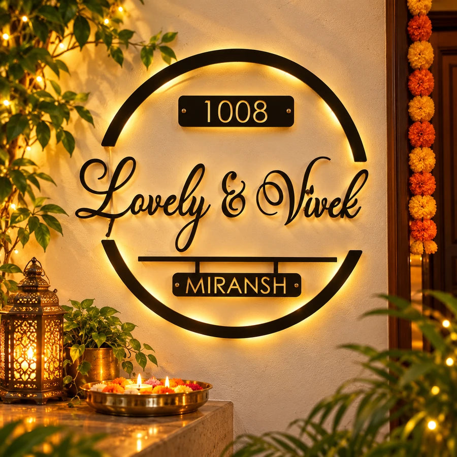 Round backlit Lovely & Vivek name plate with house number 1008