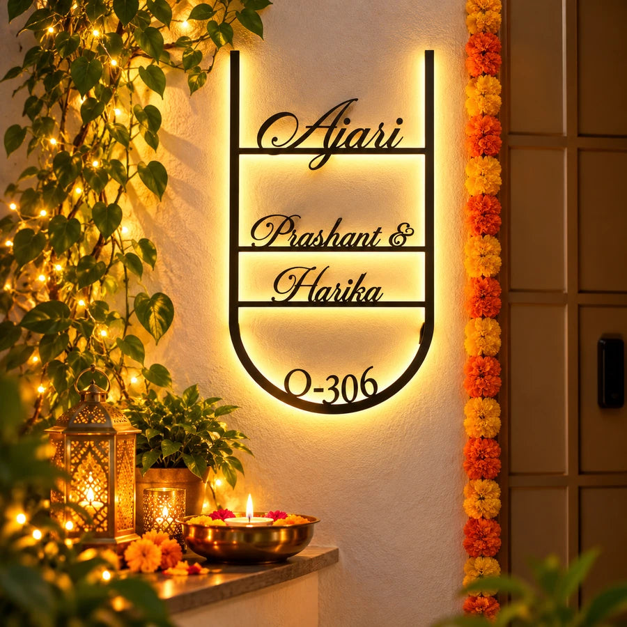 Arched backlit Ajari family name plate with flat number O-306